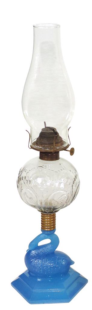 Lighting, Atterbury Glass Swan Lamp, 19th C. blue opaline figural swan w/clear beaded thumbprint: Lighting, Atterbury Glass Swan Lamp, 19th C. blue opaline figural swan w/clear beaded thumbprint font, Exc cond, 12"H.