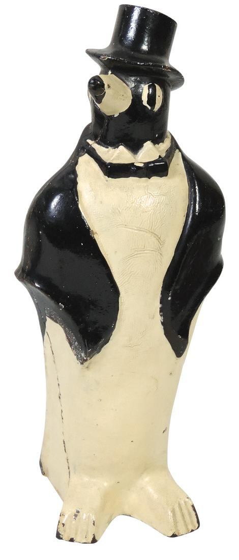 Doorstop, Penguin w/Top Hat, mfgd by Hubley, polychrome hollow cast iron figure, VG+ cond w/orig: Doorstop, Penguin w/Top Hat, mfgd by Hubley, polychrome hollow cast iron figure, VG+ cond w/orig paint, 10"H.