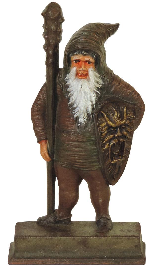 Doorstop, Warrior Gnome, mfgd by Bradley & Hubbard #7795, polychrome cast iron, Exc cond & orig: Doorstop, Warrior Gnome, mfgd by Bradley & Hubbard #7795, polychrome cast iron, Exc cond & orig paint, 12.25"H.