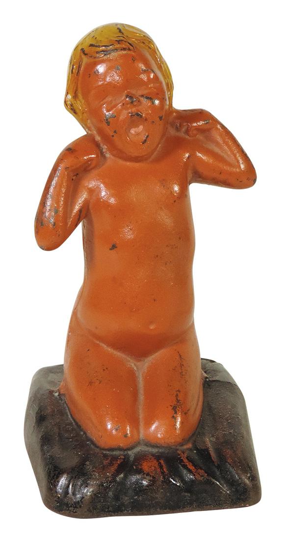 Doorstop, Yawning Baby, mfgd by C. L. Corp 1931 w/embossed marks, polychrome cast iron, VG+ cond,: Doorstop, Yawning Baby, mfgd by C. L. Corp 1931 w/embossed marks, polychrome cast iron, VG+ cond, 9"H.