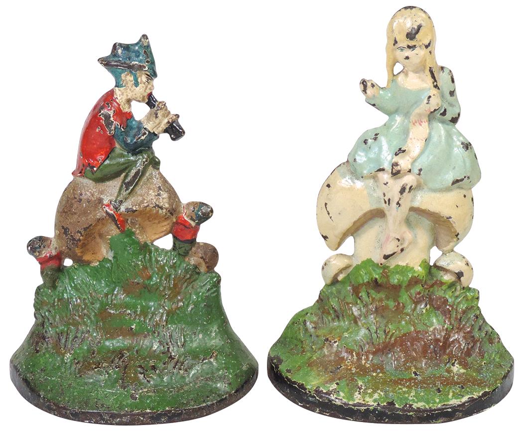 Doorstops (2), Brownies on Mushrooms & Girl on Mushrooms, both cast iron w/orig paint in VG cond,: Doorstops (2), Brownies on Mushrooms & Girl on Mushrooms, both cast iron w/orig paint in VG cond, 7.75"H.