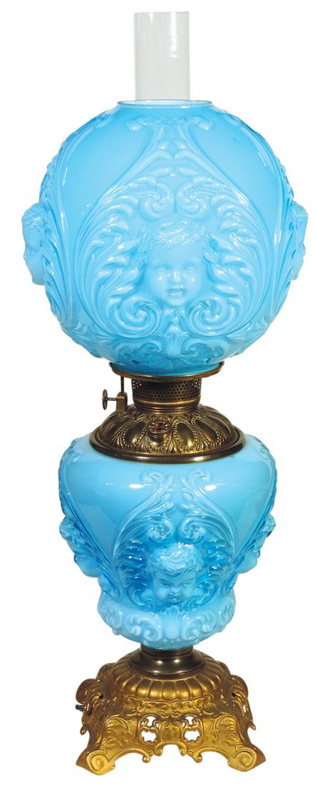 Lighting, Victorian Parlor Lamp, Baby/Cherub Face, GWTW-style blue cased glass, mfgd by: Lighting, Victorian Parlor Lamp, Baby/Cherub Face, GWTW-style blue cased glass, mfgd by Consolidated, later electrified, Exc working cond, 24.5"H.