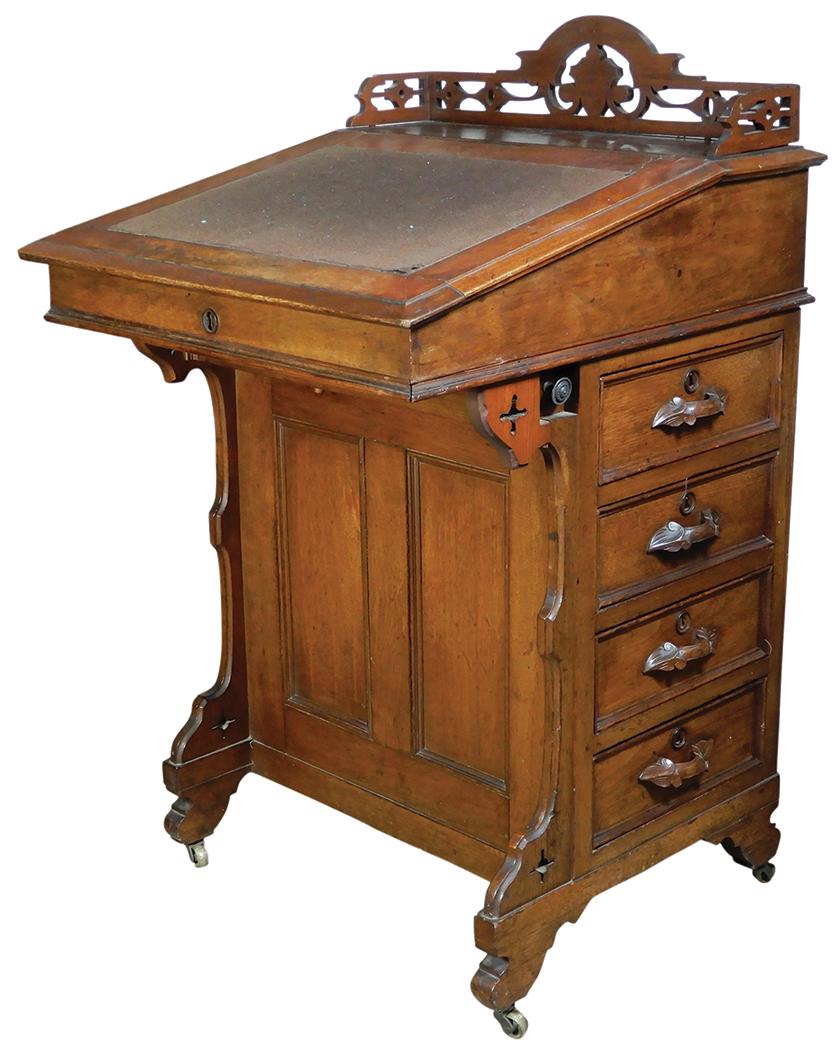 Furniture, Victorian Davenport Desk, walnut & burlwood slant top w/interior pigeon holes above 4: Furniture, Victorian Davenport Desk, walnut & burlwood slant top w/interior pigeon holes above 4 drawers, side pen/inkwell drawer, surmounted w/fretwork gallery, VG cond w/orig finish, 38"H x 23"W x 2
