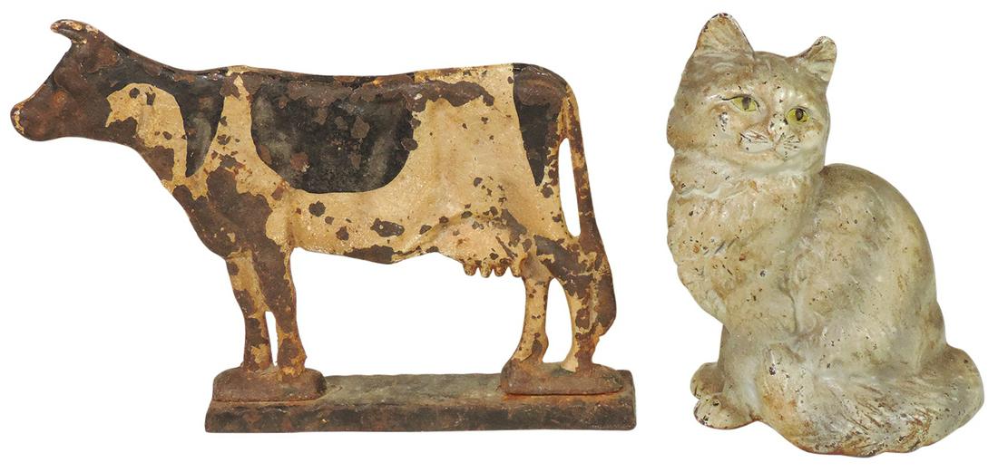 Doorstops (2), Cow & Hubley Cat, cast iron w/orig paint, both Good to VG cond, larger 13"L.: Doorstops (2), Cow & Hubley Cat, cast iron w/orig paint, both Good to VG cond, larger 13"L.