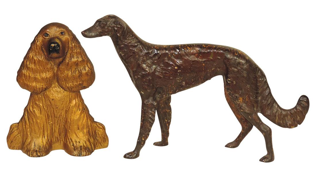 Doorstops (2), Large Hubley Borzoi & Metalcrafters Spaniel Wedge, cast iron w/orig paint, VG & Exc: Doorstops (2), Large Hubley Borzoi & Metalcrafters Spaniel Wedge, cast iron w/orig paint, VG & Exc cond, larger 14"L.