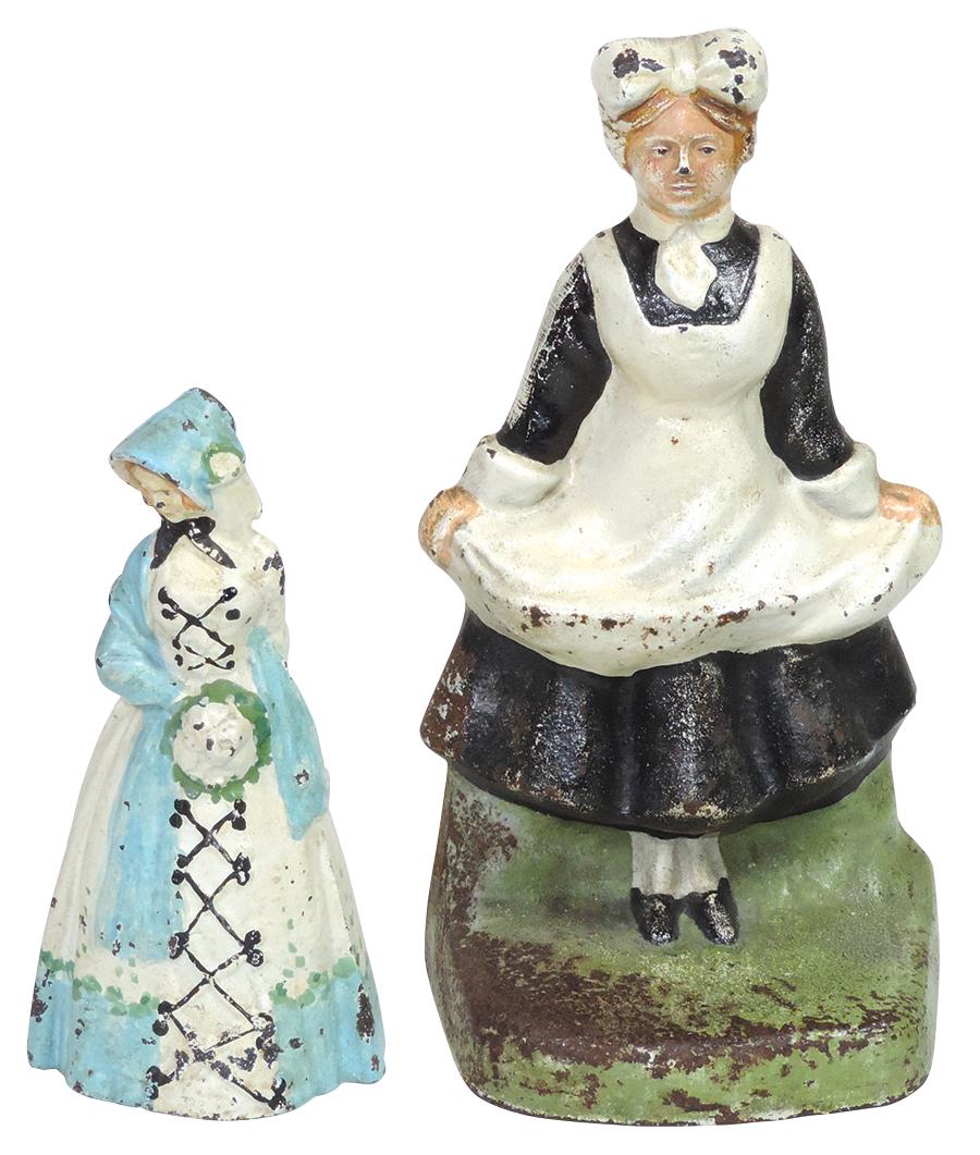 Doorstops (2), Milk Maid in Apron by C.J.O. Judd Mfg impressed #1242 & Colonial Woman, cast iron: Doorstops (2), Milk Maid in Apron by C.J.O. Judd Mfg impressed #1242 & Colonial Woman, cast iron w/orig paint, VG & Exc cond, larger 9"H.