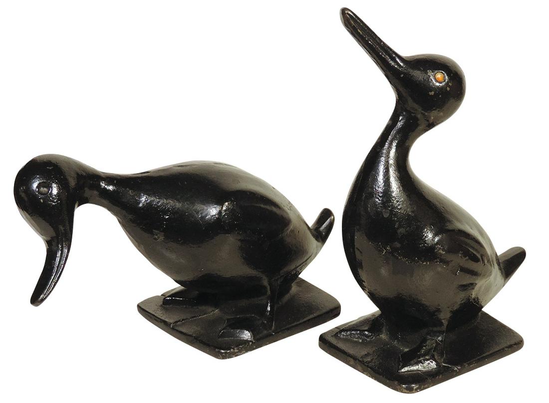 Doorstops (2), pr of 2 mold Ducks, 1 head up, 1 head down, cast iron by Virginia Metal Crafters, VG+: Doorstops (2), pr of 2 mold Ducks, 1 head up, 1 head down, cast iron by Virginia Metal Crafters, VG+ cond w/orig paint (1 w/1 glass eye), larger 11.75"H.