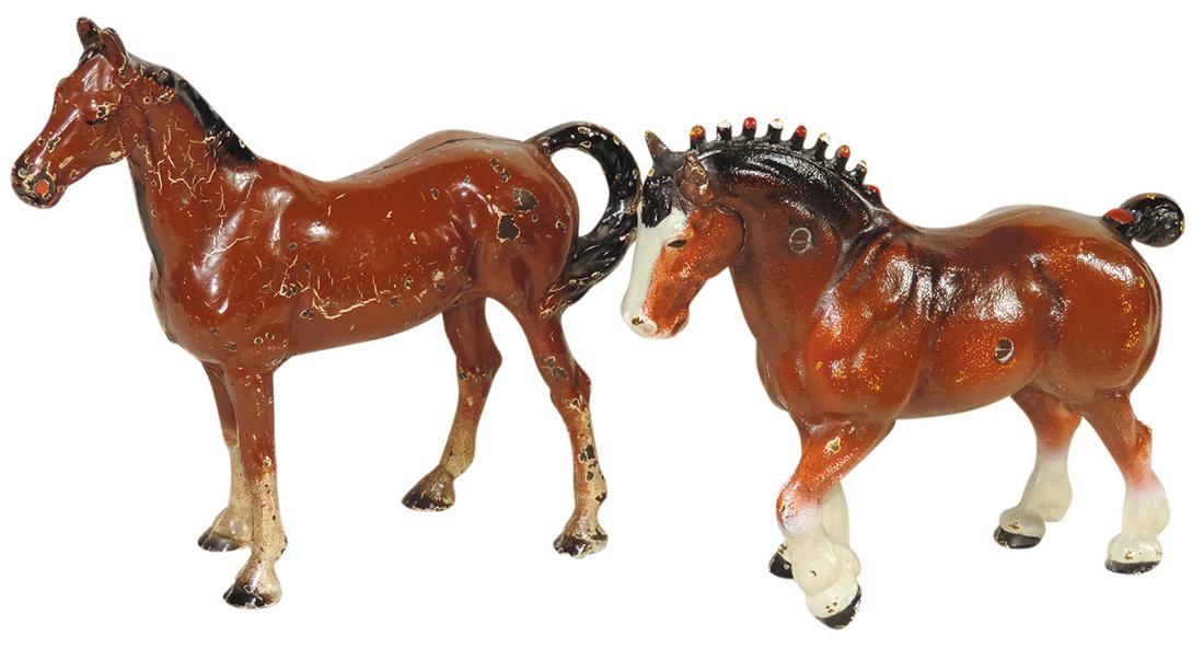 Doorstops (2), Thoroughbred & Work Horse, mfgd by Hubley, polychrome cast iron, VG & VG+ cond,: Doorstops (2), Thoroughbred & Work Horse, mfgd by Hubley, polychrome cast iron, VG & VG+ cond, larger 10"H.