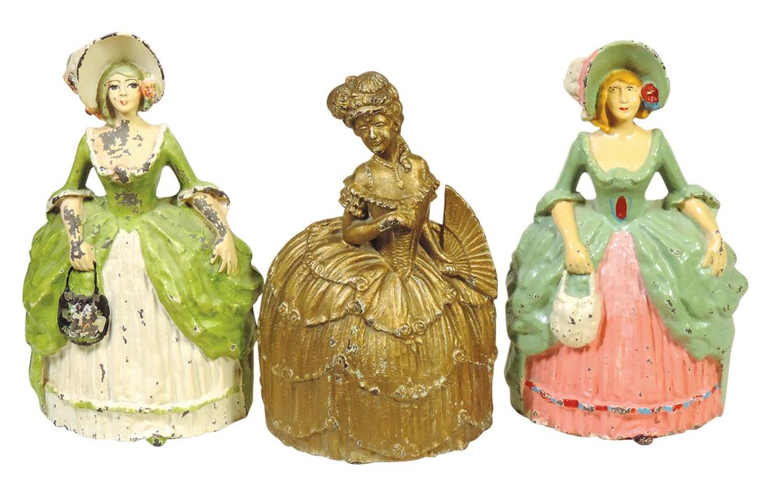 Doorstops (3), 2 Colonial Woman by Littco & 1 Waverly Studios, cast iron, VG cond, largest 10.25"H.: Doorstops (3), 2 Colonial Woman by Littco & 1 Waverly Studios, cast iron, VG cond, largest 10.25"H.