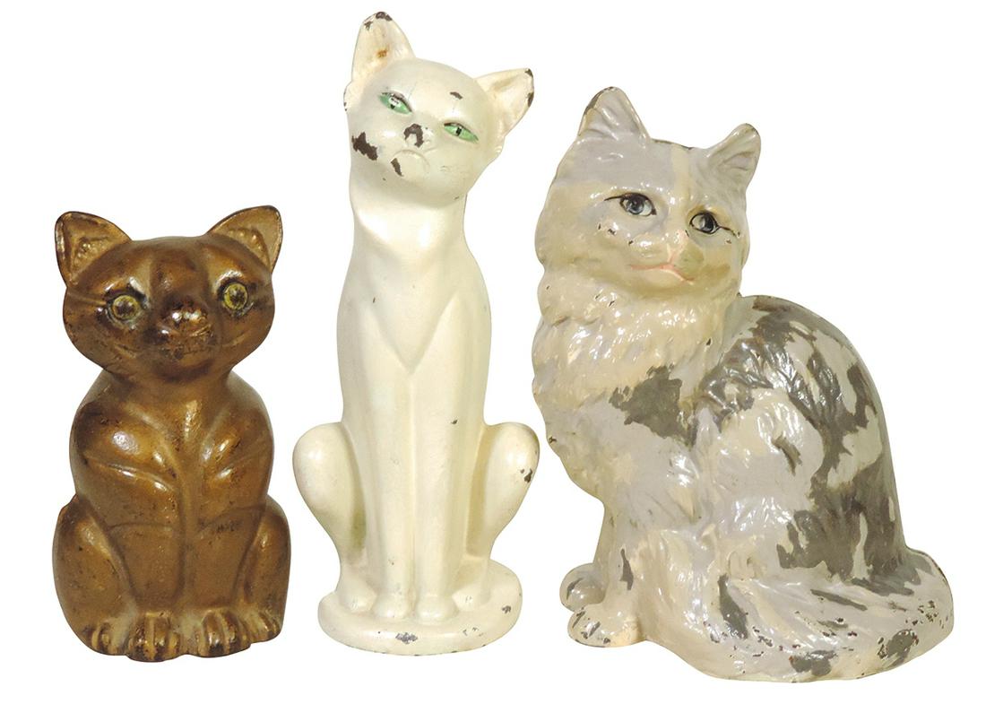 Doorstops (3), all cast iron cats, incl Hubley Persian & Deco Siamese w/green eyes, VG to Exc cond,: Doorstops (3), all cast iron cats, incl Hubley Persian & Deco Siamese w/green eyes, VG to Exc cond, largest 10"H.