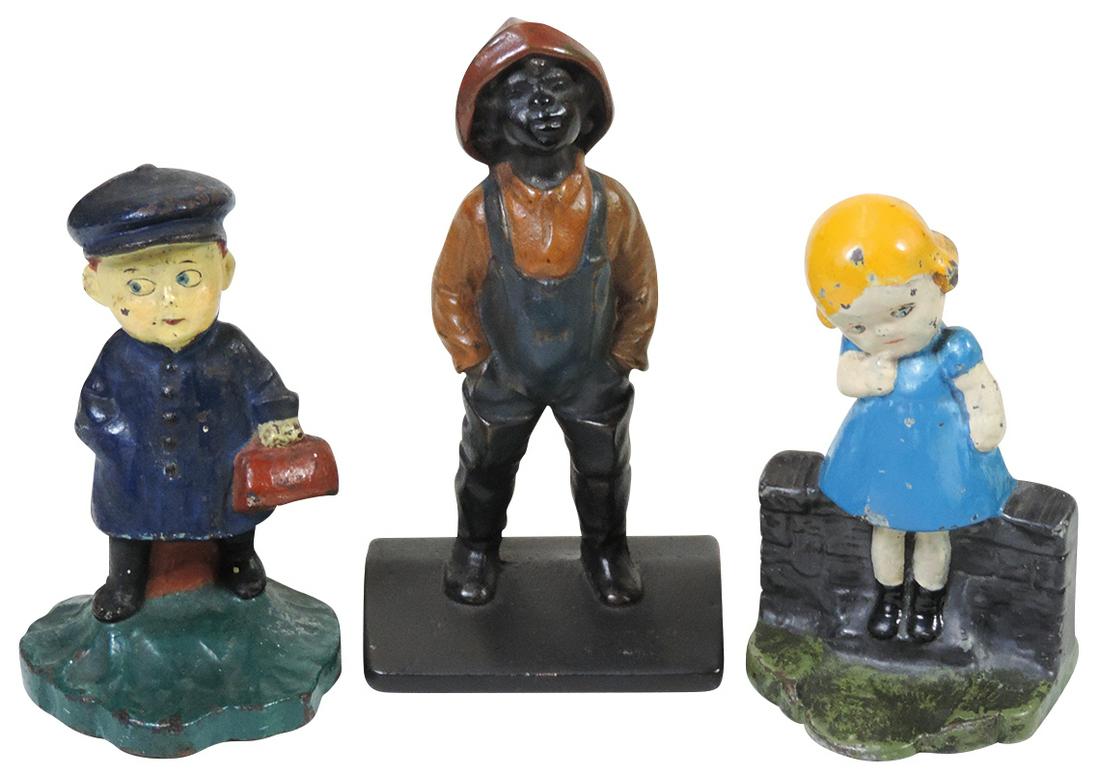 Doorstops (3), polychrome Gloucester Boy Fisherman, Boy w/Lunch Box & Girl on Fence, all cast iron,: Doorstops (3), polychrome Gloucester Boy Fisherman, Boy w/Lunch Box & Girl on Fence, all cast iron, Fisherman Exc cond & other 2 VG+ cond, largest 7.25"H.
