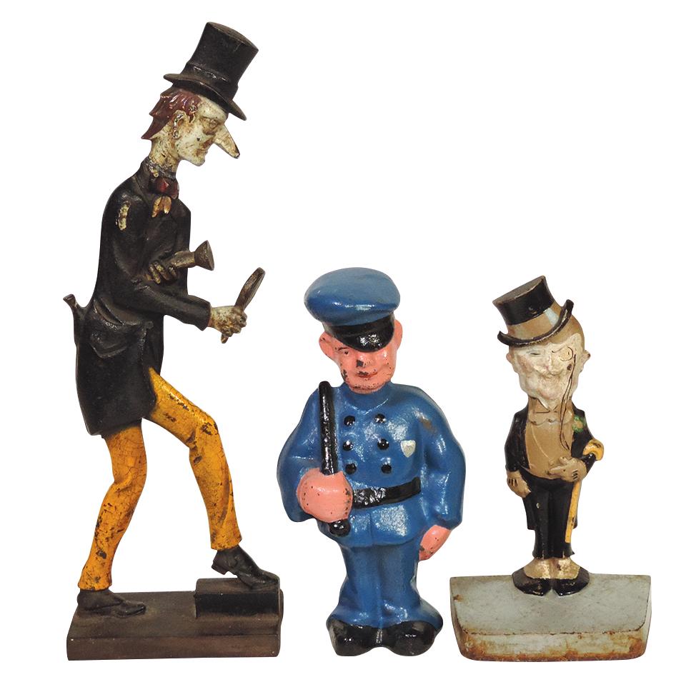 Doorstops (3), The Snooper (prof repair), Man w/Top Hat & Policeman (repainted), all cast iron, VG: Doorstops (3), The Snooper (prof repair), Man w/Top Hat & Policeman (repainted), all cast iron, VG cond, largest 13.25"H.