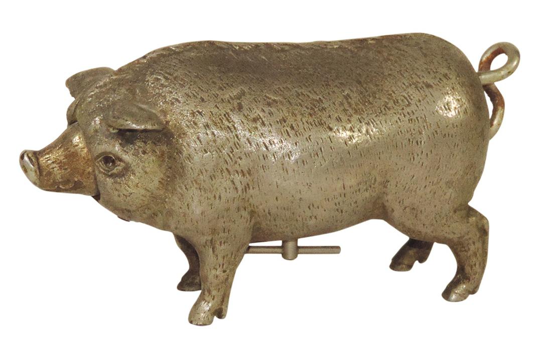 Victorian Butler's Call Bell, cast iron Pig w/nickel finish, windup clockwork mechanism, Good+ cond,: Victorian Butler's Call Bell, cast iron Pig w/nickel finish, windup clockwork mechanism, Good+ cond, spring winds but connecting arm for head & tail damaged or absent, 6.5"L.