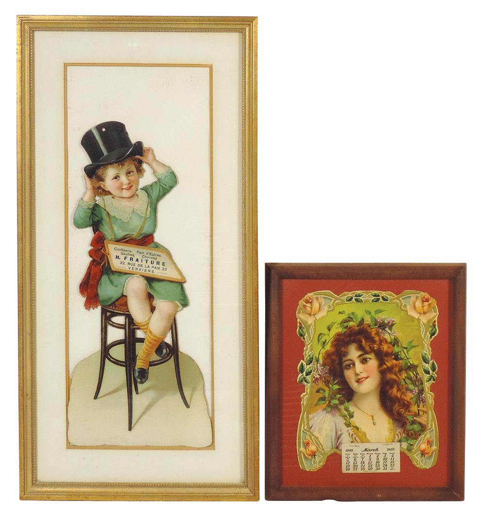 Victorian Ephemera (2), large embossed French figure of young girl w/top hat for Chocolates, Exc: Victorian Ephemera (2), large embossed French figure of young girl w/top hat for Chocolates, Exc cond & 1905 calendar, VG cond, both diecut lithos, framed, larger 24"H x 12"W.