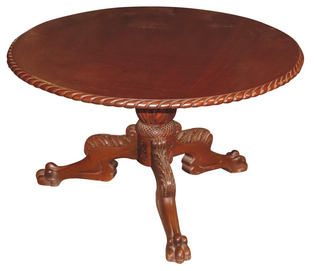 Furniture, Tea Table, Georgian style hand-carved mahogany w/paw-footed tripod pedestal w/acanthus: Furniture, Tea Table, Georgian style hand-carved mahogany w/paw-footed tripod pedestal w/acanthus knees, later reduced to coffee table height, Exc cond, 19"H x 34"Dia.