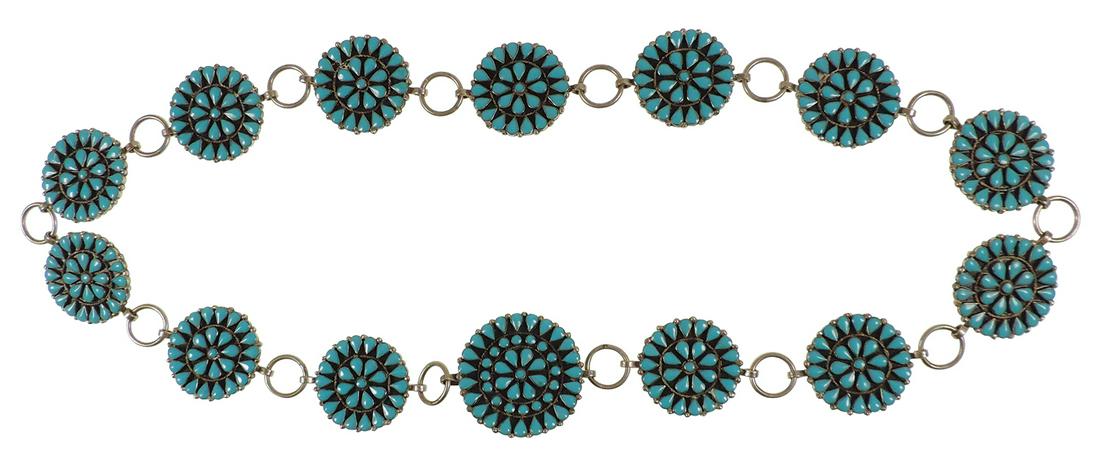 Southwest Native American Silver Belt, Zuni with 14 rosettes set w/teardrop turquoise cabochons of: Southwest Native American Silver Belt, Zuni with 14 rosettes set w/teardrop turquoise cabochons of excellent quality & color, apparently unmarked, 10.75 t oz, Exc cond, 2.25"Dia (buckle) & 41"L.