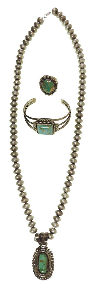 Southwest Native American Silver Jewelry (3), all w/Kingman &/or Blue Gem turquoise: silver beaded: Southwest Native American Silver Jewelry (3), all w/Kingman &/or Blue Gem turquoise: silver beaded necklace w/pendant w/ Navajo Delbert Gordon hallmark, unmarked cuff bracelet & ring stamped "Mille Pl