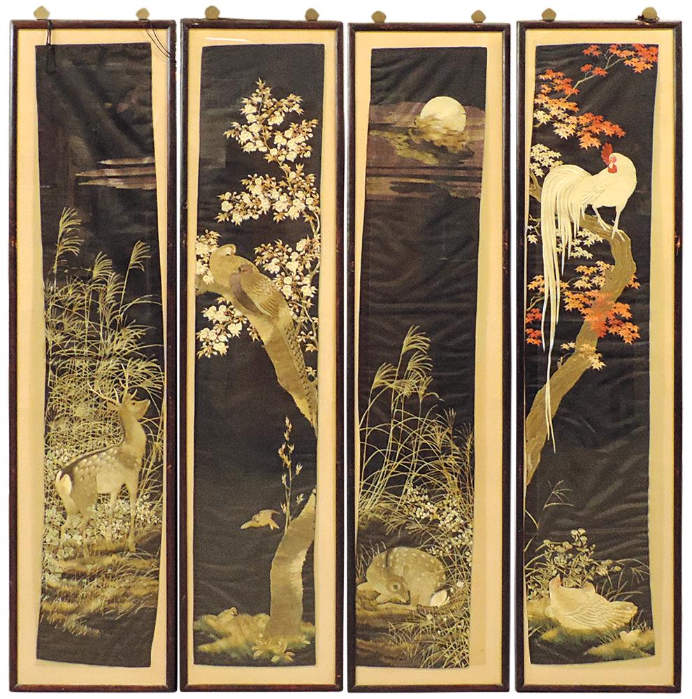 Fine Art, 4 Chinese Export Su silk embroidered scenic panels, finely stitched on black silk ground: Fine Art, 4 Chinese Export Su silk embroidered scenic panels, finely stitched on black silk ground depicting deer & fawn in foliage, Cockerel w/hen on branch & pr Pheasants w/prunus, ea loosely mounte