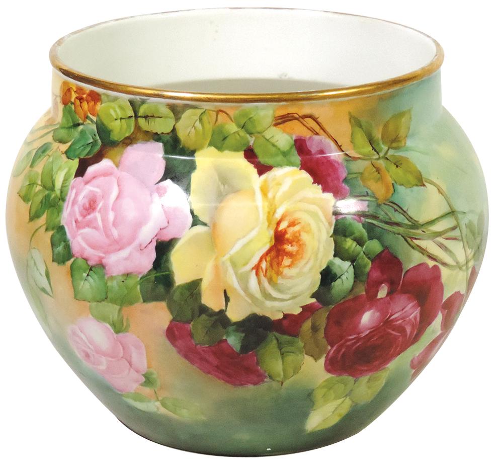 Porcelain Victorian JardiniÃ¨re, large artist decorated JP Limoges blank w/hand painted roses,: Porcelain Victorian JardiniÃ¨re, large artist decorated JP Limoges blank w/hand painted roses, apparently unsigned other than maker's back stamp, Exc cond, 10.5"H x 14"Dia.