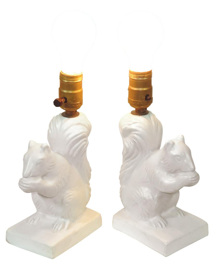 Art Pottery (2), Van Briggle Squirrel Dresser Lamps, full bodied in Moonglo glaze, inscribed on: Art Pottery (2), Van Briggle Squirrel Dresser Lamps, full bodied in Moonglo glaze, inscribed on bases, Exc cond, 9.25"H.