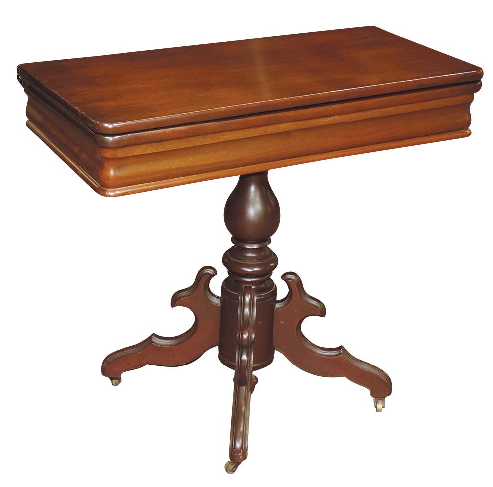 Furniture, Empire mahogany game table, 4-scroll legged-pedestal w/folding top, Exc cond w/later: Furniture, Empire mahogany game table, 4-scroll legged-pedestal w/folding top, Exc cond w/later refinish, 30"H x 34"Sq (open) 17"D (closed).