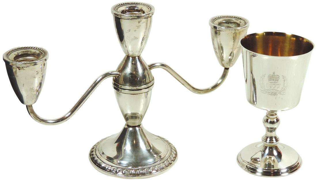 Decorative (2), Sterling Silver Queen Elizabeth Silver Anniversary Goblet, London Hallmarks, 5"H,: Decorative (2), Sterling Silver Queen Elizabeth Silver Anniversary Goblet, London Hallmarks, 5"H, comes in presentation box & Sterling Silver candelabra signed Duchin Creation, 6"H x 10"W, both in Exc
