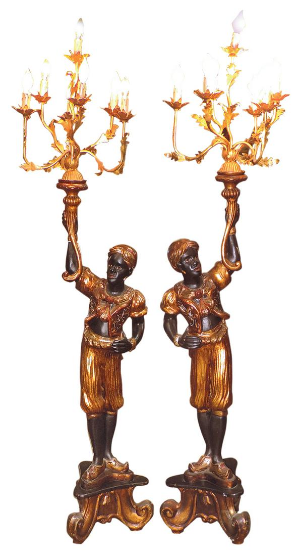Lighting (2), Blackamoor floor lamps, matched opposing pair, cast composition, gilt & ebonized: Lighting (2), Blackamoor floor lamps, matched opposing pair, cast composition, gilt & ebonized figures holding gilt metal 7-scroll arm candelabra w/elec sockets, Exc cond w/some light wear, 71.5"H x17