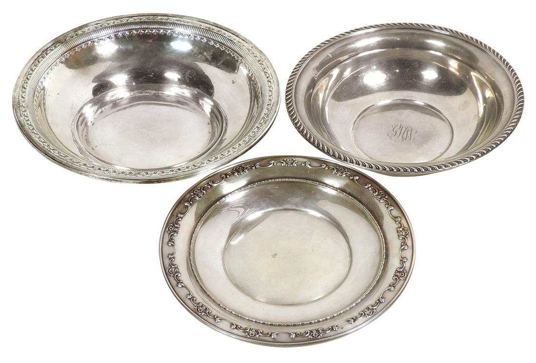 Sterling Silver Bowls & Plate (3), P.S. Co. monogrammed bowl, #816 bowl & Gorham Sterling #1122: Sterling Silver Bowls & Plate (3), P.S. Co. monogrammed bowl, #816 bowl & Gorham Sterling #1122 plate, some minor scratches due to age & handling, all VG cond, 8 3/8", 9.5" & 8"Dias.