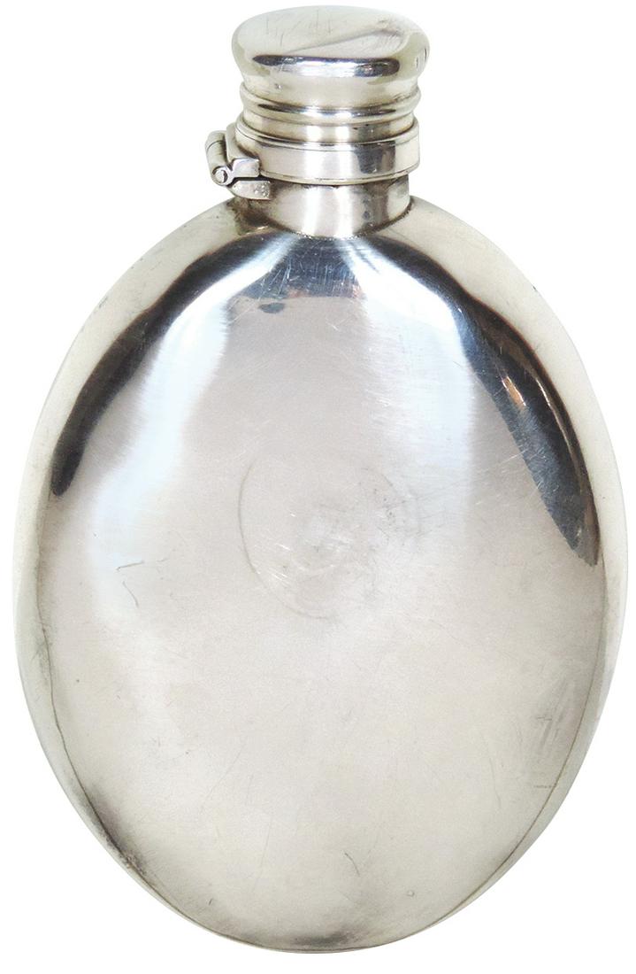 Sterling Silver Hip Flask, undecorated oval w/locking bayonet-fit lid, English w/stamped anchor: Sterling Silver Hip Flask, undecorated oval w/locking bayonet-fit lid, English w/stamped anchor hallmark, jewelers mark 1345133 & numbers hard to read ?_051, VG+ to Exc cond w/some wear on bottom numb