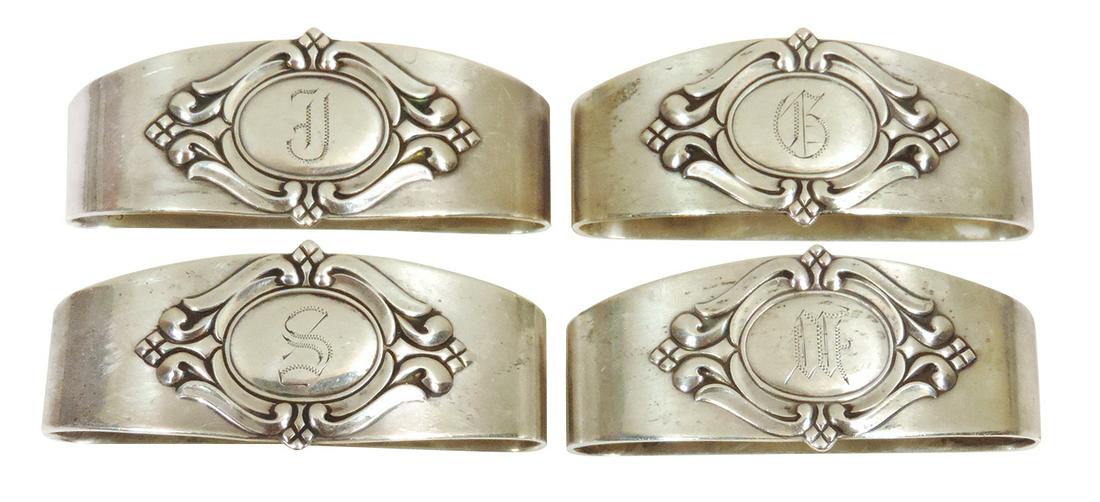 Sterling Silver Napkin Rings (4), marked Royal Danish International Sterling, monogrammed w/M,G, J &: Sterling Silver Napkin Rings (4), marked Royal Danish International Sterling, monogrammed w/M,G, J & S in center cartouche, all VG to Exc cond, 1 1/8" x 2 5/8".