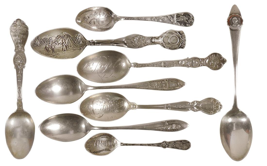 Sterling Silver Souvenir Spoons (9), World's Fair City w/Columbus, B.P.O.E. "Muskogee" (handle: Sterling Silver Souvenir Spoons (9), World's Fair City w/Columbus, B.P.O.E. "Muskogee" (handle decorated on both front & back), Eureka, California w/Los Angeles bowl, State College of Washington, Hawa