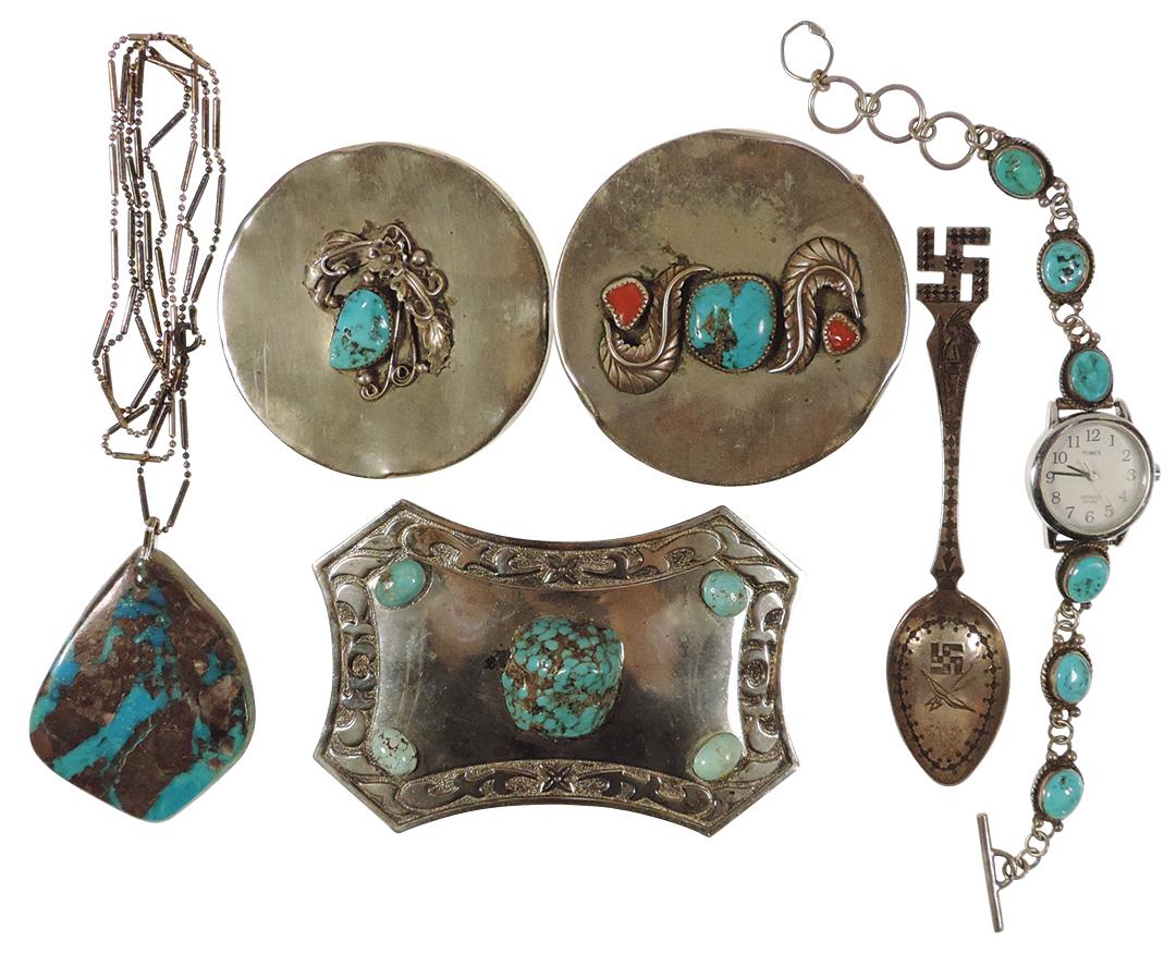 Southwest Native American Jewelry (6), blue diamond turquoise doublet pendant on Italian silver: Southwest Native American Jewelry (6), blue diamond turquoise doublet pendant on Italian silver chain, 2 snuff tin covers w/silver mounts & stones, lady's Timex watch w/silver & turquoise bracelet (no