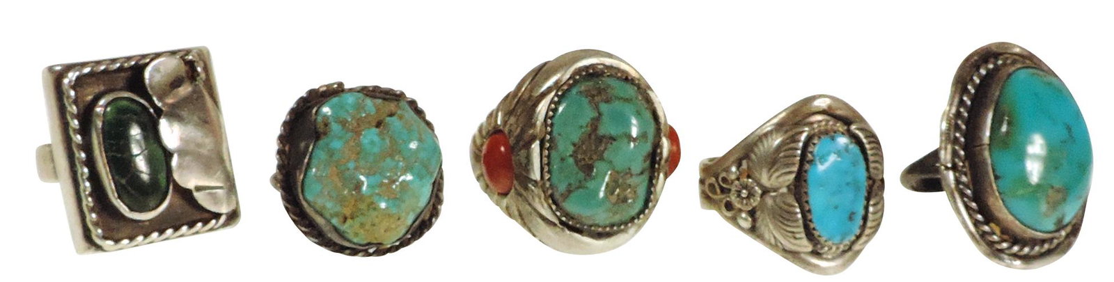 Southwest Native American Silver Jewelry (5), all Old Pawn type rings w/turquoise from various: Southwest Native American Silver Jewelry (5), all Old Pawn type rings w/turquoise from various mines: Rogers, Lunt & Bowlen hallmarked ring pat. 1908 w/large applied leaf & others, total weight 2.82 t