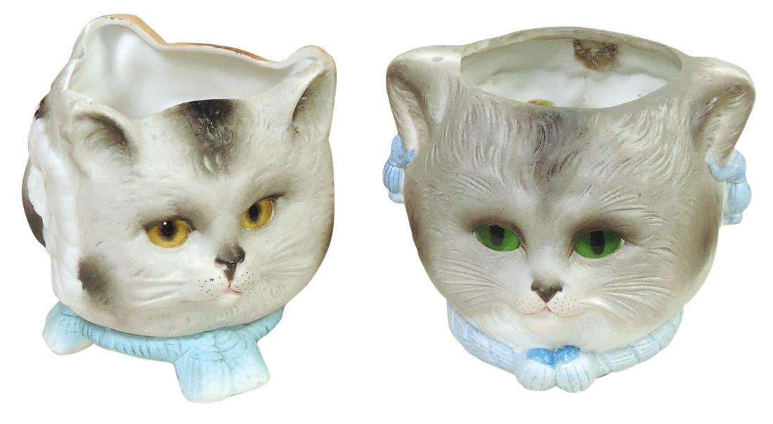 Lighting, German Bisque Animal Face Fairy Lamps (2), KMP 2-faced Cat & Owl w/glass eyes & unmarked: Lighting, German Bisque Animal Face Fairy Lamps (2), KMP 2-faced Cat & Owl w/glass eyes & unmarked 3-faced Dog,Cat, Owl, Exc cond, 4"H.