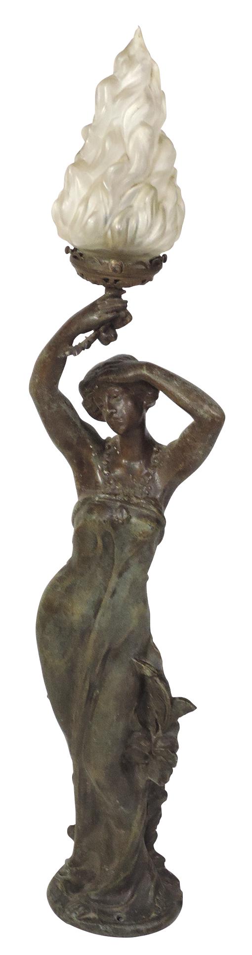 Lighting, Victorian figural newel post lamp, bronze finished spelter w/orig molded flame shade: Lighting, Victorian figural newel post lamp, bronze finished spelter w/orig molded flame shade marked France, Good cond w/worn finish, flake to tip, 22"H.