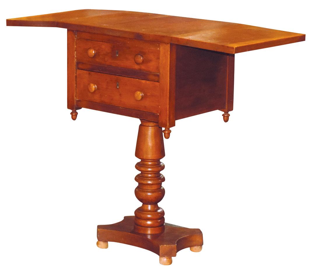 Furniture, Work Table, Empire Period cherry wood & maple drop leaf w/2 drawers, Good+ cond: Furniture, Work Table, Empire Period cherry wood & maple drop leaf w/2 drawers, Good+ cond w/replaced bun feet, 30"H x 20"W x 16"D (closed).
