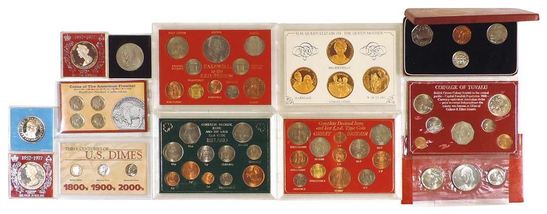 Coin Sets (13), U.S. Bicentennial Silver Set-1976, Coins of the American Frontier, Buffalo Nickels: Coin Sets (13), U.S. Bicentennial Silver Set-1976, Coins of the American Frontier, Buffalo Nickels 1935-1937, Three Centuries of U.S. Dimes-1898, 1945 & 2001, Bailiwick of Guernsey-1971, Queen Elizabe
