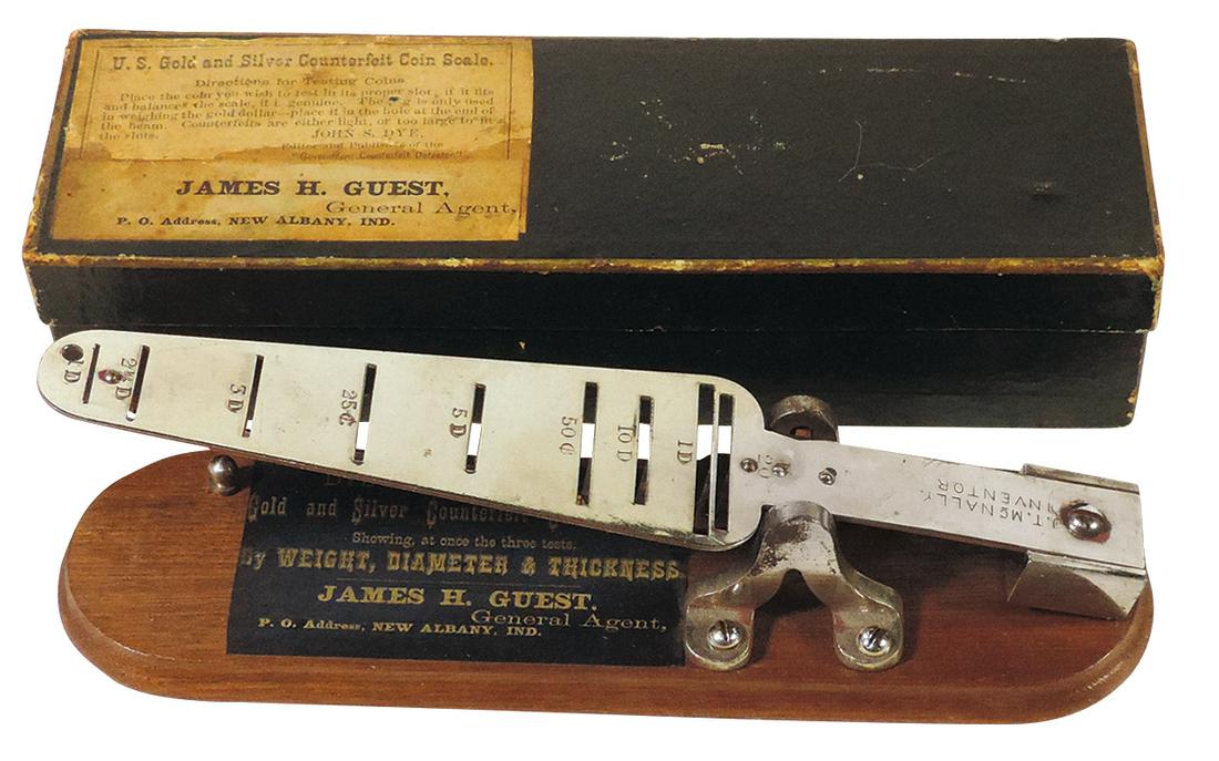Coins & Currency, Dye's US Gold & Silver Counterfeit Coin Scale, nickel & wood rocker scale for: Coins & Currency, Dye's US Gold & Silver Counterfeit Coin Scale, nickel & wood rocker scale for testing weight, thickness & diameter, c.1870, Near Mint cond in orig box, 9.5"L.