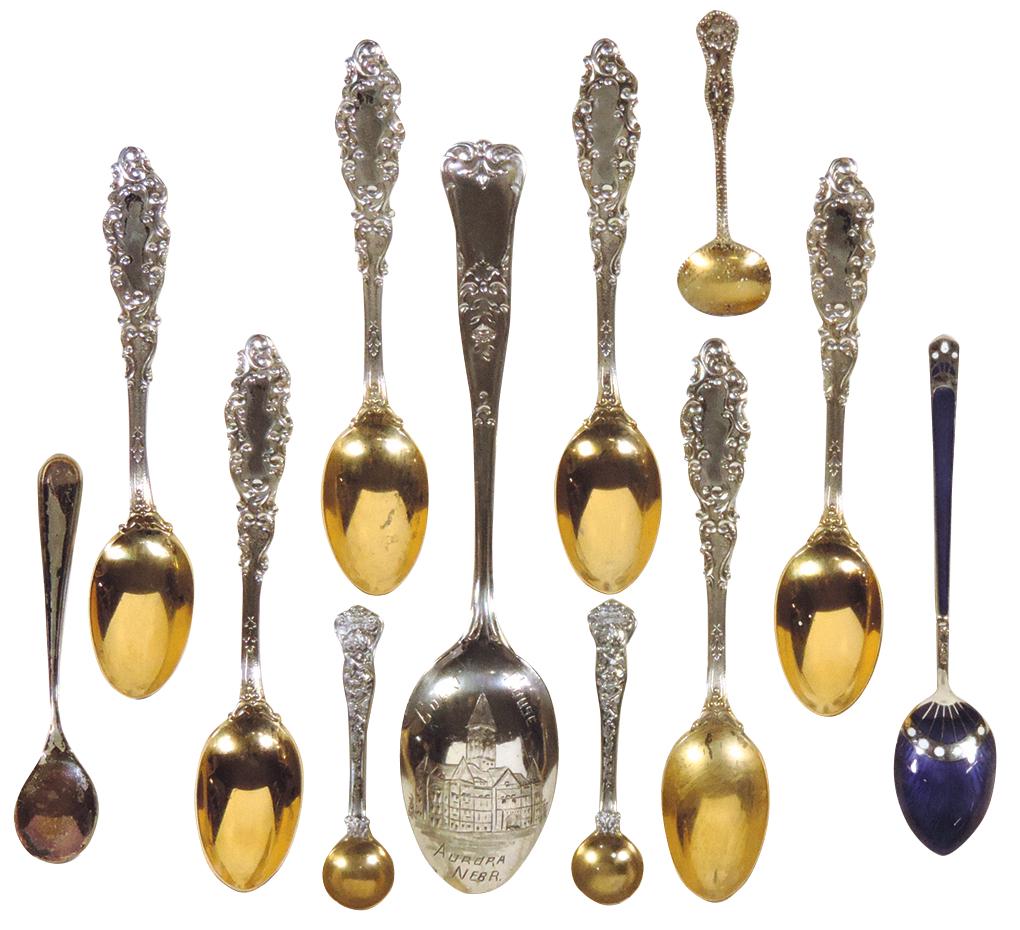 Sterling Silver Spoons (12), Set of 6 Gorham Luxembourg pattern demitasse, 2 Tiffany & Co: Sterling Silver Spoons (12), Set of 6 Gorham Luxembourg pattern demitasse, 2 Tiffany & Co Olympian-Satyrs Receiving Instructions salt spoons, Continental enameled demitasse, Aurora-NE Courthouse souve