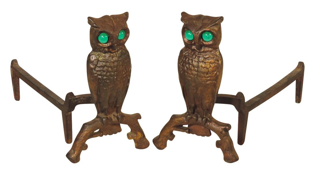 Arts & Crafts Andirons, pr of owls w/bronzed finish & green glass eyes, VG cond w/normal signs of: Arts & Crafts Andirons, pr of owls w/bronzed finish & green glass eyes, VG cond w/normal signs of use, 13"H x 8.5"W x 18"D.