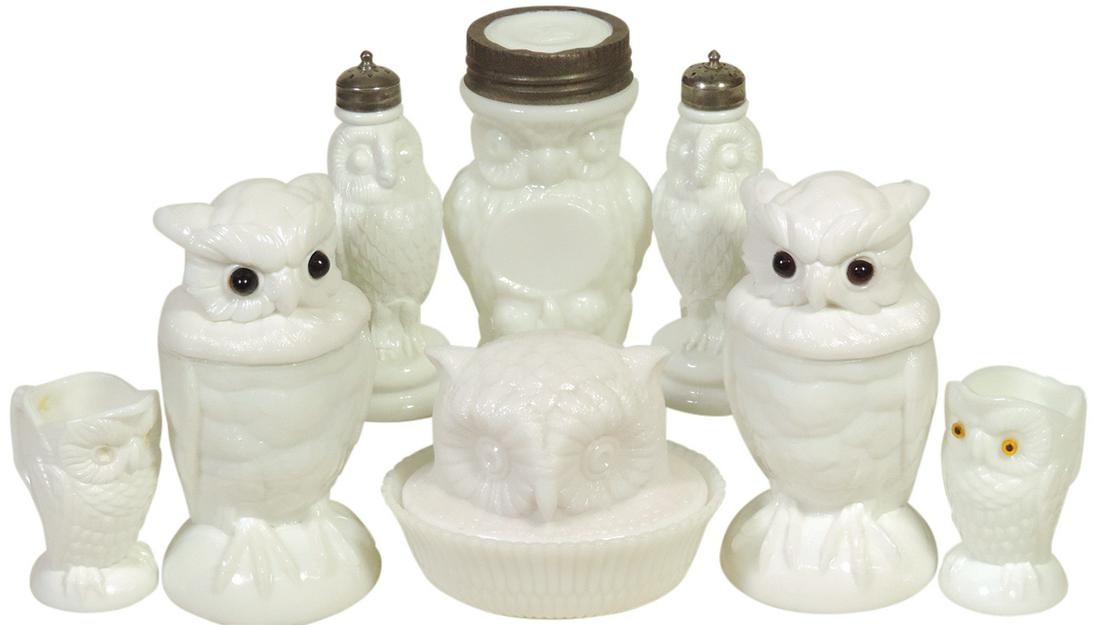 Art Glass Owls (8), 2 unmarked Atterbury covered jars w/amber glass eyes, 2 figural shakers, 2: Art Glass Owls (8), 2 unmarked Atterbury covered jars w/amber glass eyes, 2 figural shakers, 2 creamers (1 missing eyes), mustard jar & covered dish w/associated base, all milk glass, Exc cond unless