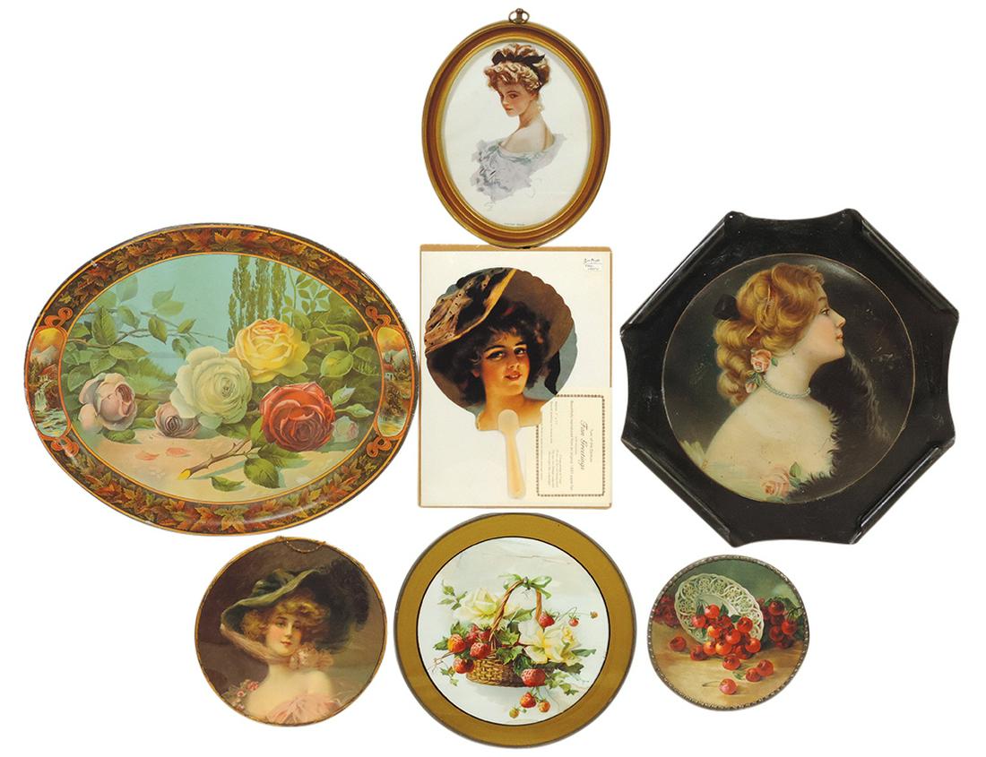 Victorian Lithographs (7), litho on tin plaque w/rolled corners titled Mildred, Roses tray w/scenic: Victorian Lithographs (7), litho on tin plaque w/rolled corners titled Mildred, Roses tray w/scenic border, 3 glazed flue covers, Harrison Fisher portrait & later style hand fan, VG to Exc cond, large