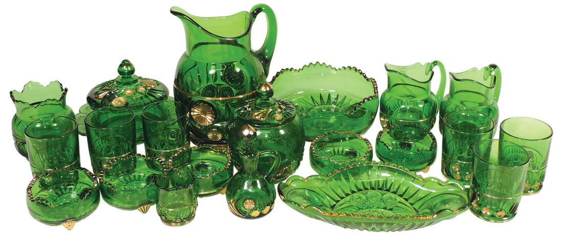 Victorian Table Setting (20), green Esther pattern by Riverside Glassworks, c.1886, comprising: Victorian Table Setting (20), green Esther pattern by Riverside Glassworks, c.1886, comprising pitcher & tumblers, covered butter, covered sugar & 2 creamers, celery, spooner, 6-pc berry set & toothpi