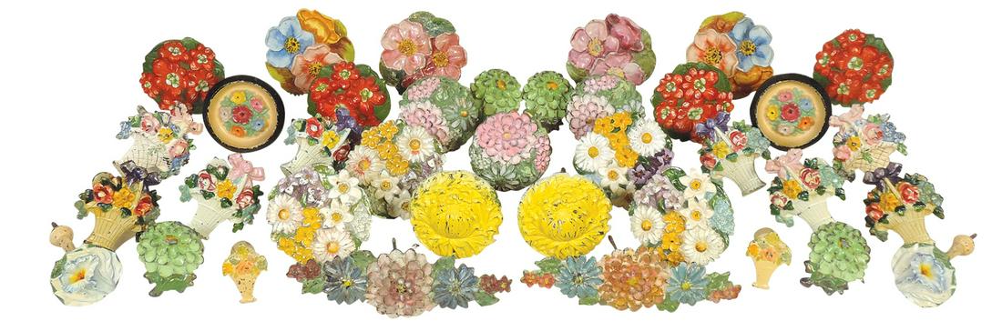 Decorative Curtain Tiebacks (37), all floral w/polychrome paint of various size by assorted makers: Decorative Curtain Tiebacks (37), all floral w/polychrome paint of various size by assorted makers incl Hubley & LVL, 18 matching pairs & an extra, most VG cond w/normal wear, largest 7.5"L.