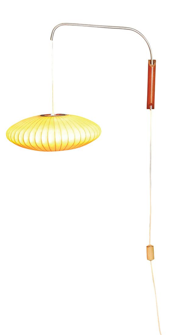 Mid-Century Modern Bubble Lamp, designed by George Nelson for Howard Miller, sprayed fiberglass over: Mid-Century Modern Bubble Lamp, designed by George Nelson for Howard Miller, sprayed fiberglass over wire frame w/walnut wall mount & counterweight, apparently unmarked, VG working cond w/yellowing to