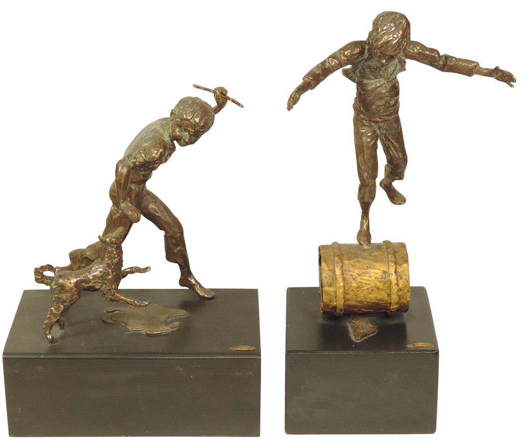 Mid-Century Modern Curtis Jere Bronze Sculptures (2), Boy with his Dog & Boy on Barrel, both on orig: Mid-Century Modern Curtis Jere Bronze Sculptures (2), Boy with his Dog & Boy on Barrel, both on orig black wood bases w/C. Jere'71 tags, both Exc cond, 12"H x 9"W & 15"H x 5.25"W.