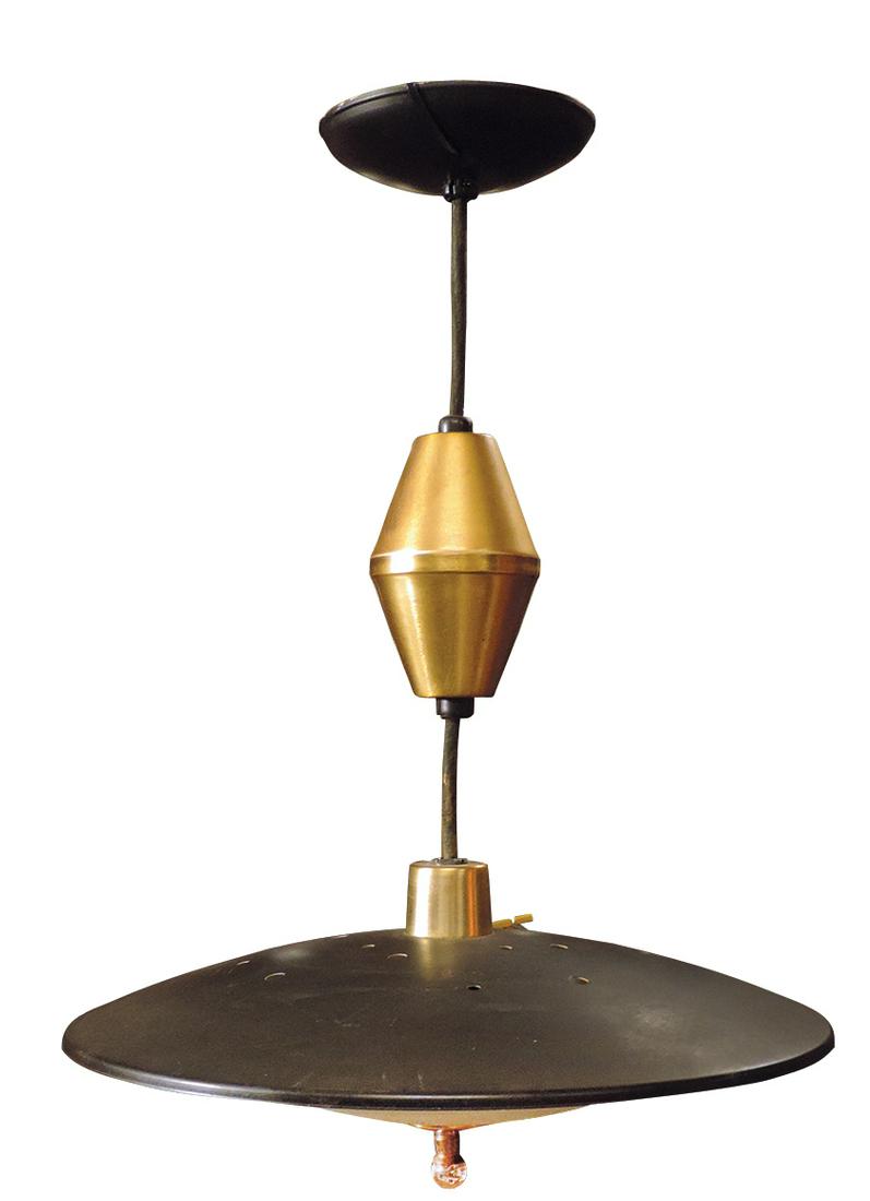 Mid-Century Modern Ceiling Light, retractable pull down glass & metal Saucer shape, mfgd by Moe: Mid-Century Modern Ceiling Light, retractable pull down glass & metal Saucer shape, mfgd by Moe Light Inc. #321 525, VG working cond, noting handle finial replaced & 1"hairline at mount hole covered b