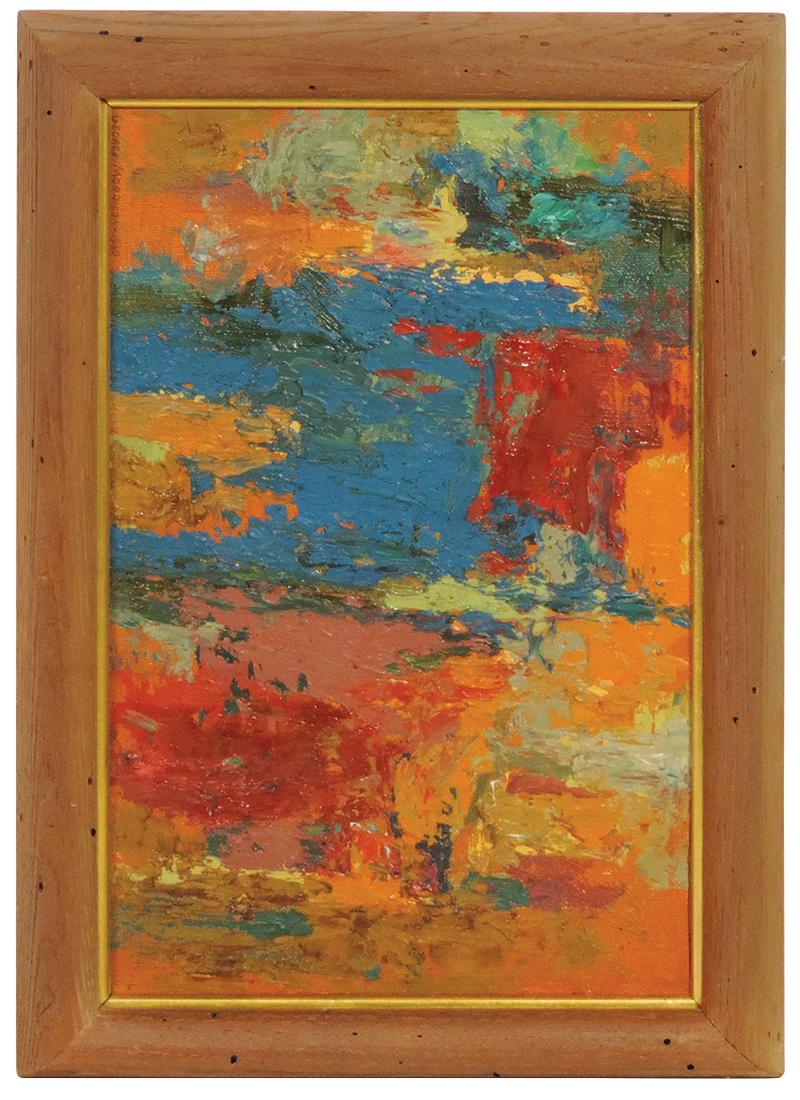 Mid-Century Oil on Board, George Morrison (1919-2000) abstract oil in primary colors on artist's: Mid-Century Oil on Board, George Morrison (1919-2000) abstract oil in primary colors on artist's board, signed lower left, "George Morrison 1960", Exc cond in period frame, 7"H x 11.25"W, excluding fr