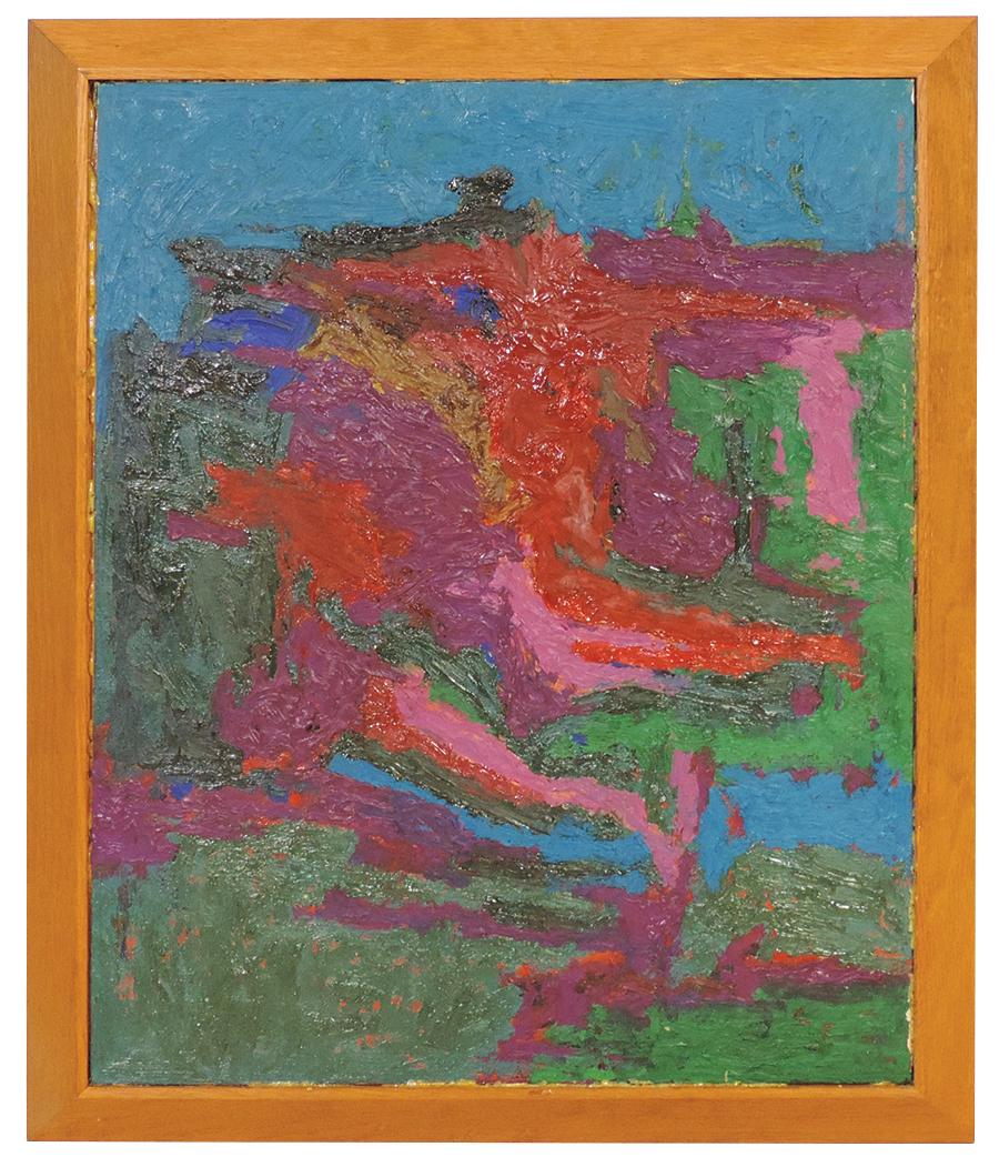 Mid-Century Oil on Board, George Morrison (1919-2000) abstract oil in primary colors on artist's: Mid-Century Oil on Board, George Morrison (1919-2000) abstract oil in primary colors on artist's board, signed lower right, "George Morrison 1961", VG+ cond w/some minor edge chipping & roughness (not