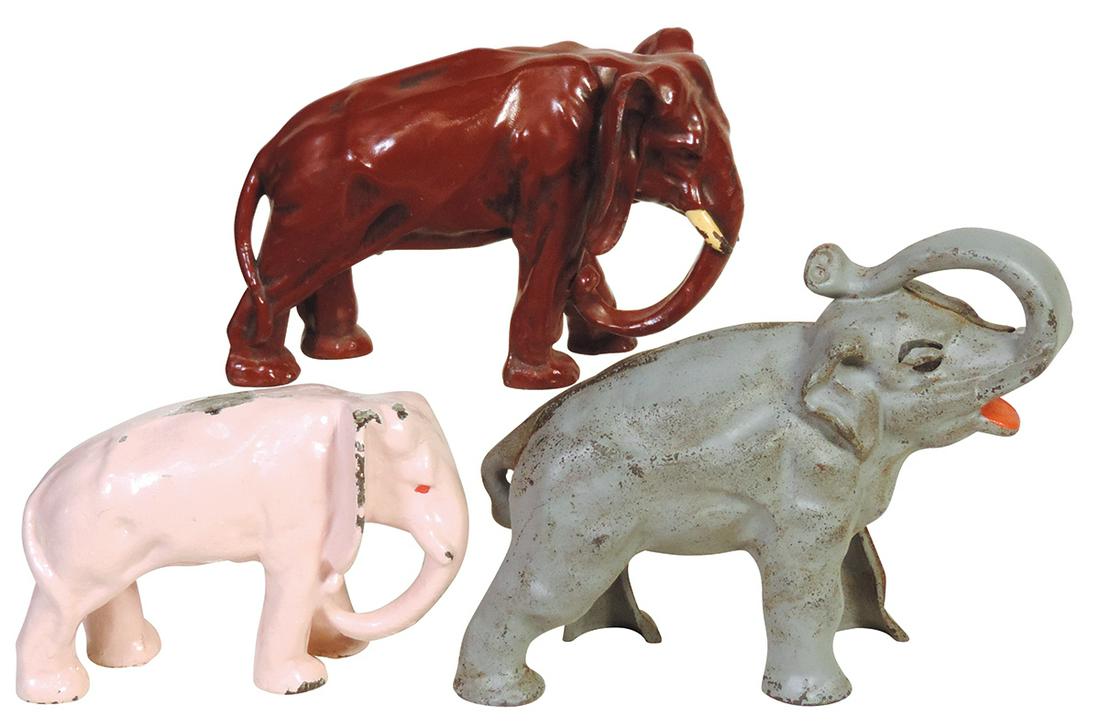 Doorstops (3), Elephants, all diff, cast iron w/orig paint, VG cond, largest 10"L.: Doorstops (3), Elephants, all diff, cast iron w/orig paint, VG cond, largest 10"L.